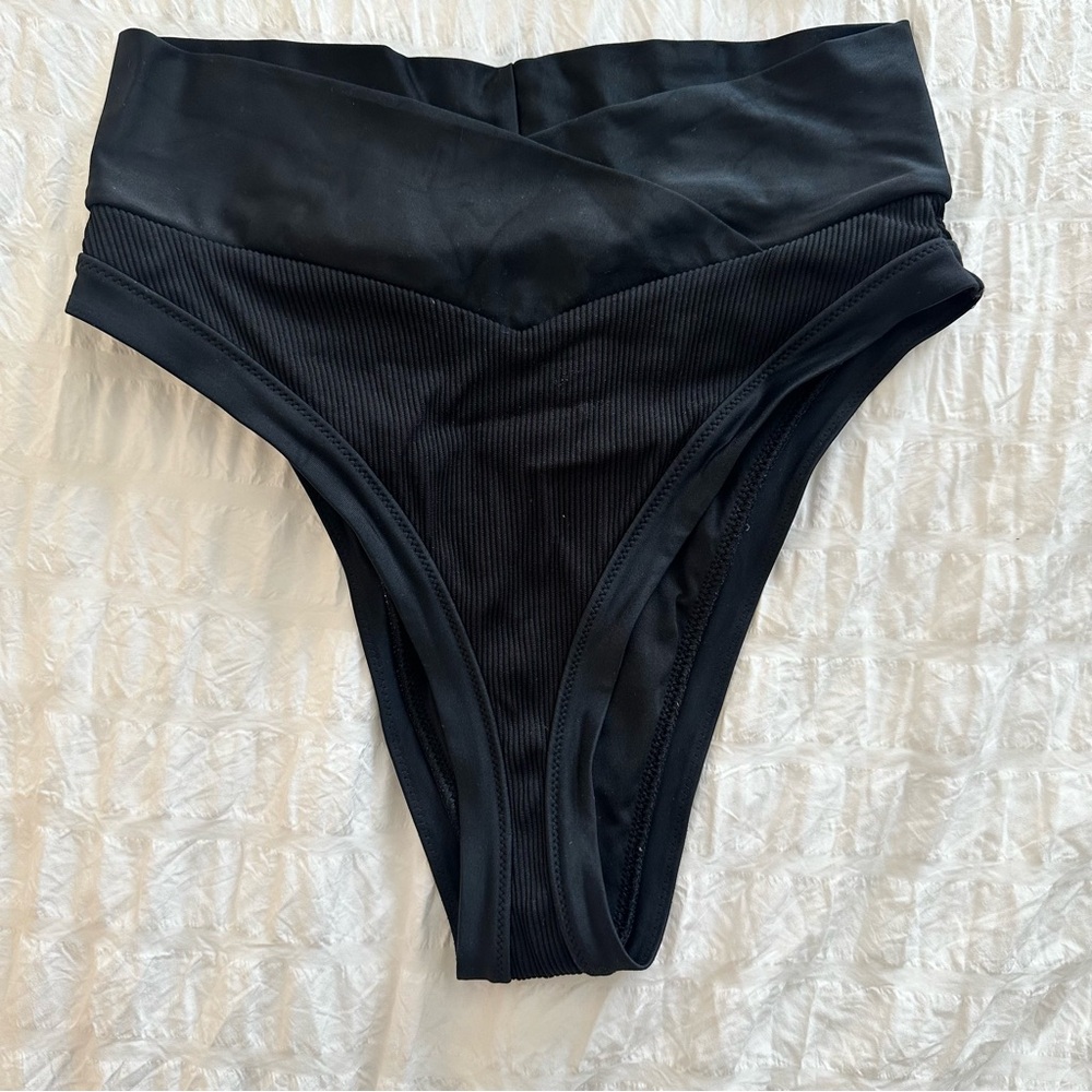 Aerie High Cut Cheeky Black Ribbed Crossover Bikini Set Bottoms Top Small Swim S - Picture 7 of 11